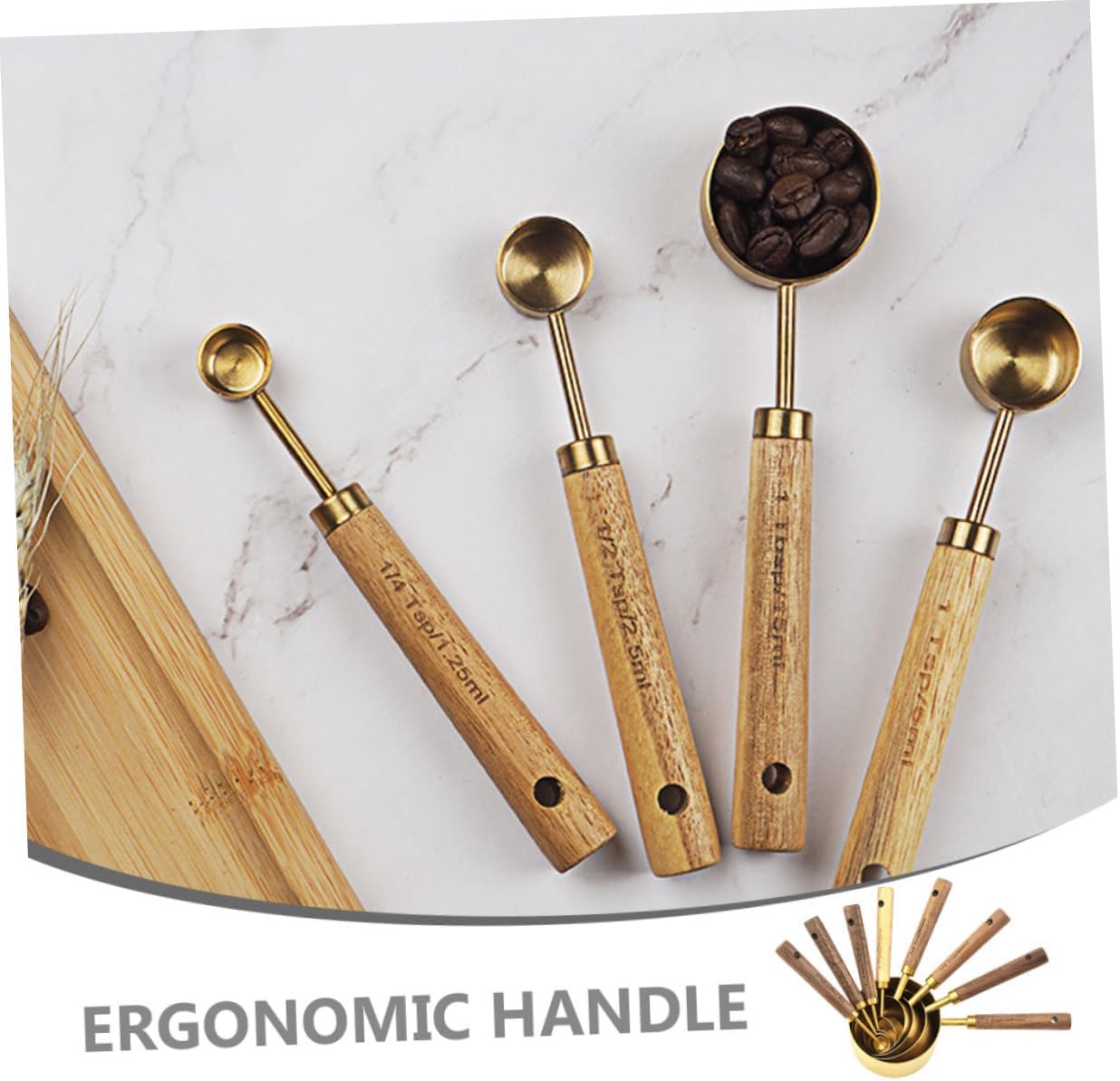 8pcs Stainless Steel Measuring Cup Spoon Set Wooden Handles Stackable for Baking Cooking