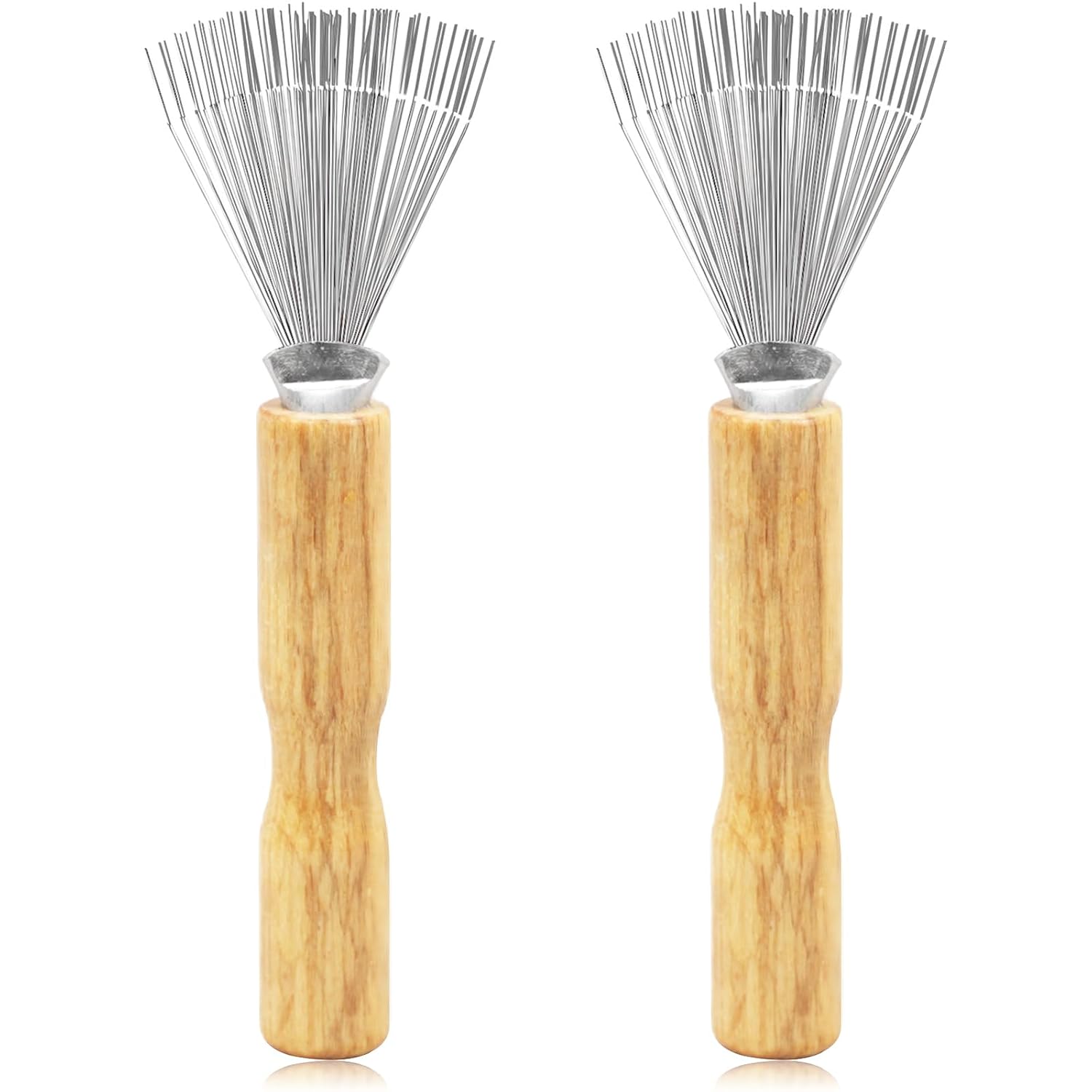 2PCS Mini Hair Brush Cleaner Set with Wooden Handle and Metal Wire Rake – Portable Comb Cleaner