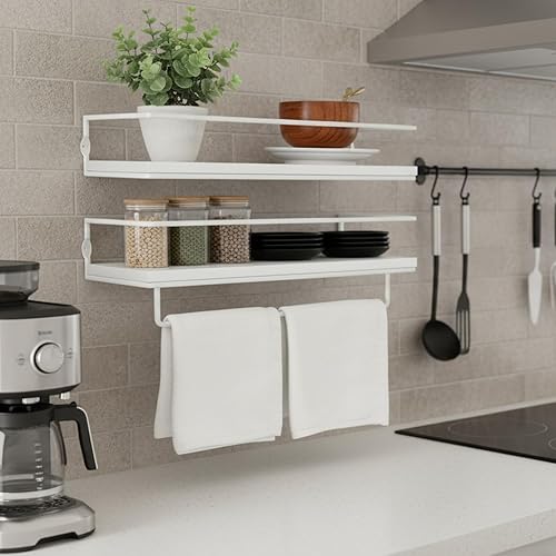 Miniatura 5 de Juego de 2 estantes flotantes de baño con marco de metal negro y toallero para baño, almacenamiento sobre inodoro y organizadores para dormitorio