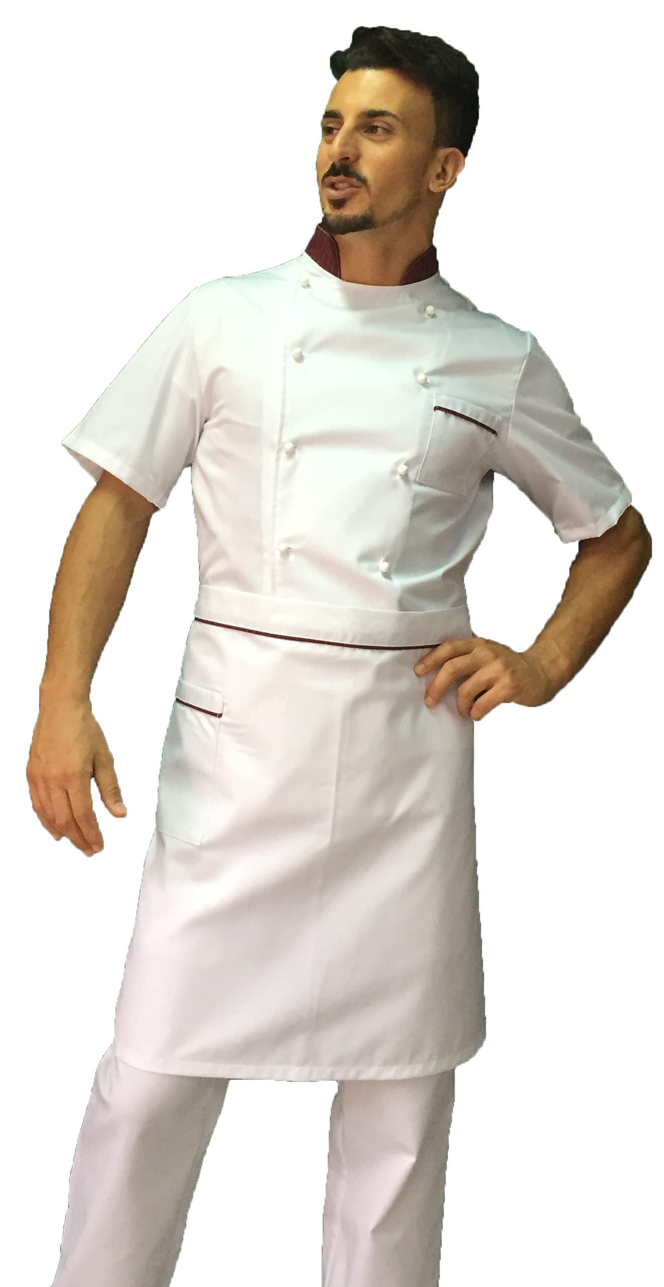 Bordado gratuito – Conjunto de cocinero para hombre – Blanco burdeos – Camiseta de chef de manga corta – Chaqueta, pantalones y delantal – 100% algodón – Uniforme para cocina y