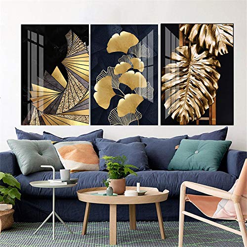 Impression toile feuille plante dorée triptyque abstrait haut rendu