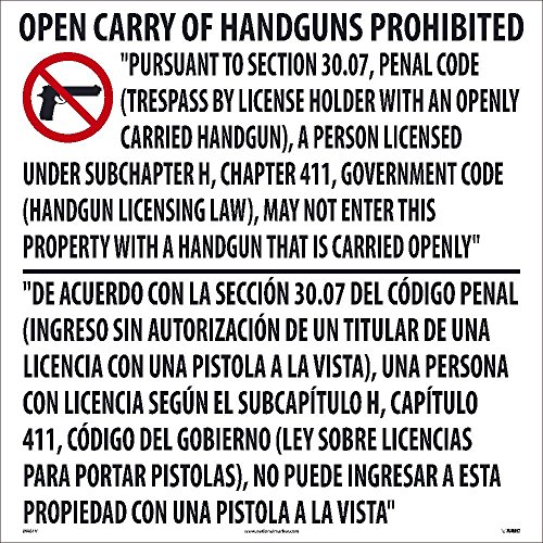 Handgun Interdit autocollant vinyle transparent NMC M461V Texas Open Carry 61x61 cm
