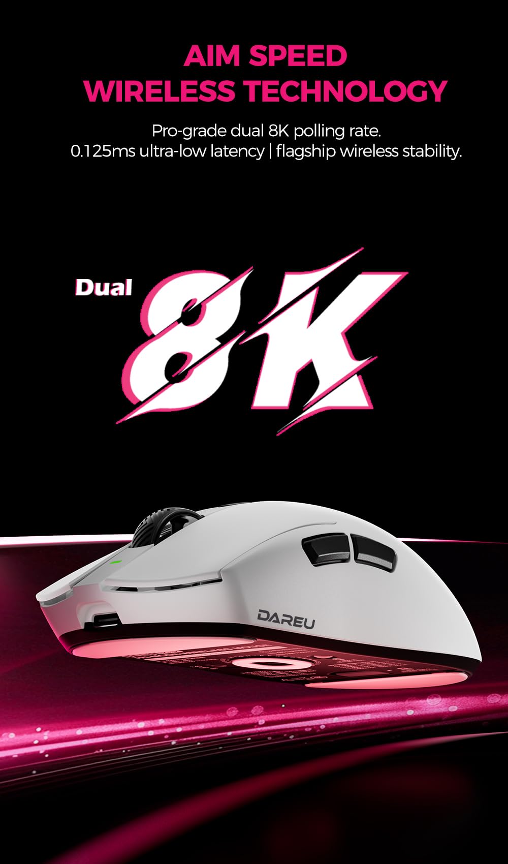 DAREU AE6 Pro Bezprzewodowa mysz do gier, czujnik PAW3950 30K, podwójna częstotliwość odświeżania 8K, 59 g, stacja ładująca z wyświetlaczem, powłoka ekscymerowa, 3 tryby połączenia, programowalna