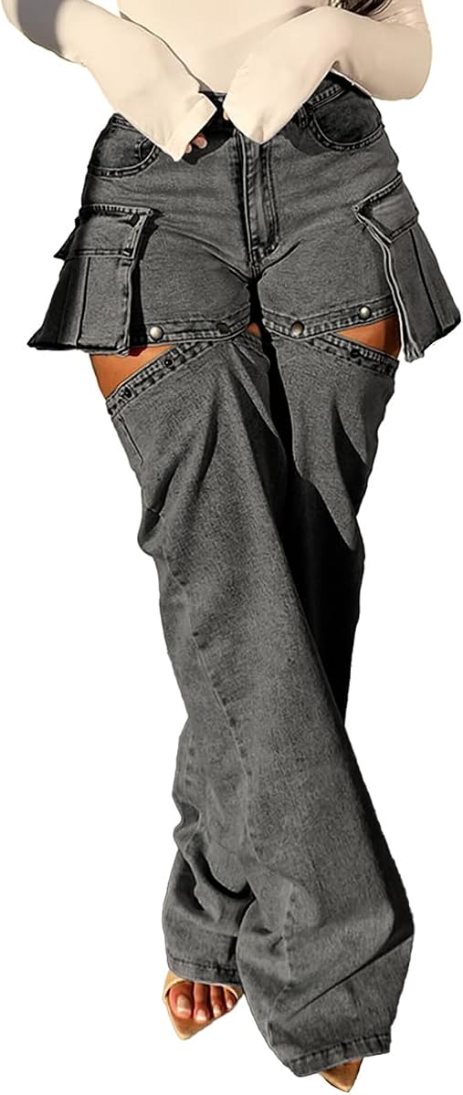 Cargo Jeans for Women Snap Button Detachable Leg High Waisted Denim Pants Wide Leg Jean with Pockets