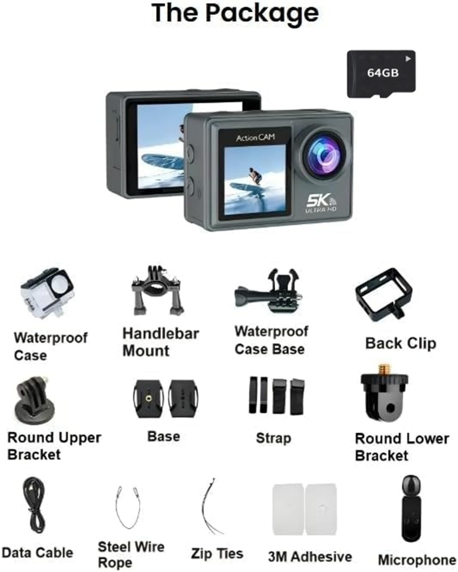 MEIION glaciva Action Kamera 5K + Speicherkarte 64 GB wasserdichte Actionkamera mit WiFi, externem Mikrofon und umfassendem Zubehör für Abenteuer und Unterwasseraufnahmen