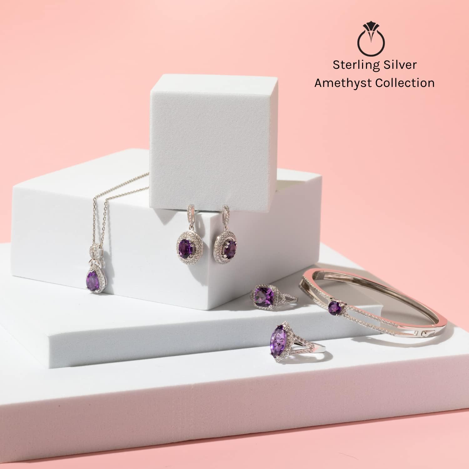 PEORA Amethyst 3-Stone Ring for Women 925 Sterling Silver, Natural Gemstone, 1.75 Carats Round Shape 8mm, Sizes 5 to 9