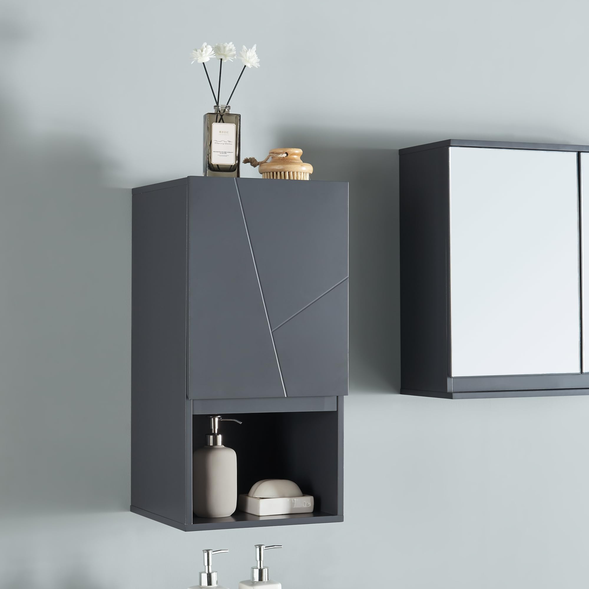 [en.casa] Armoire Murale de Salle de Bain avec Porte et Compartiment Ouvert Meuble de Rangement Stockage pour Buanderie Entrée Chambre Cuisine MDF 60 x 30 x 30 cm Gris