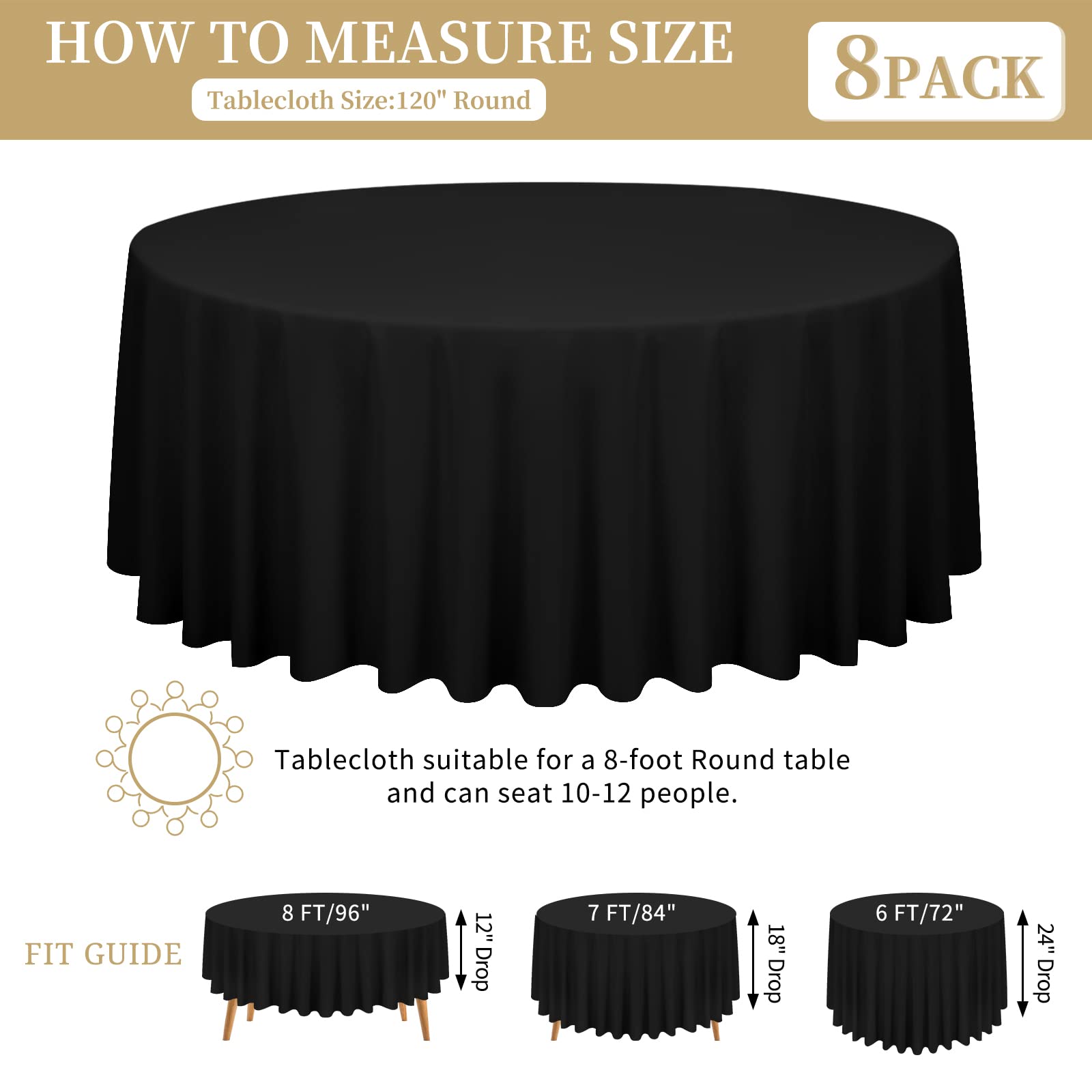 Lot de 8 Nappes Noir Rondes 120 Pouces/ 305cm En Polyester Nappe Ronde En Polyester Noir Nappes Résistantes Aux Plis Et Aux Taches Pour Réception De Mariage Salle à Manger Banquet Buffet,Extérieur