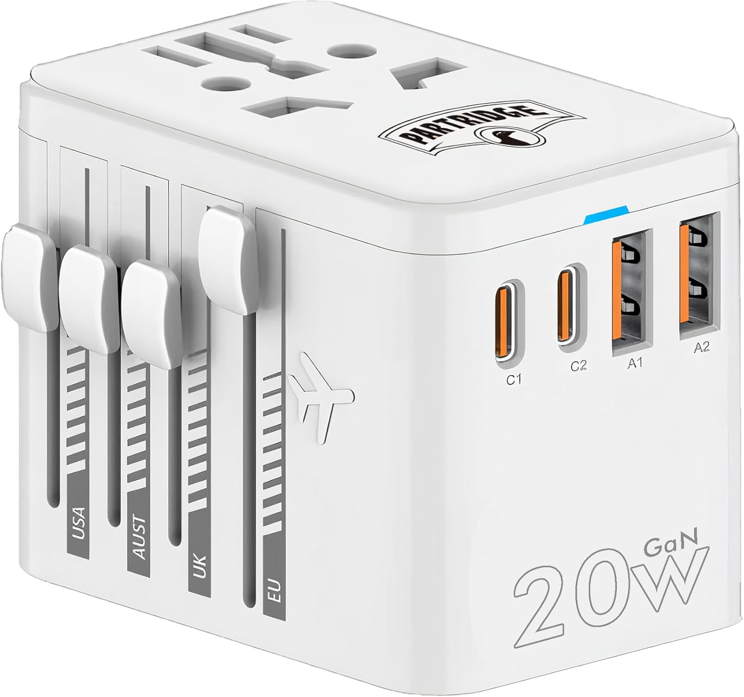 Partridge Universal Travel Adapter, International Travel Adapter for EU, UK, USA, AU, 4 USB Ports, 150+ Countries Compatible, International Power Adapters,Worldwide AC Outlet Plugs Adapters.