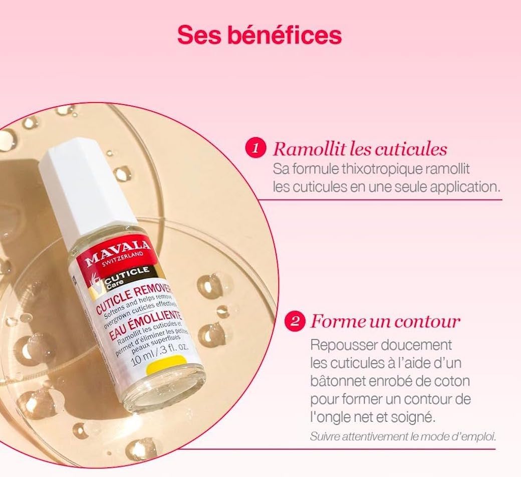 Mavala - Eau Émolliente - Soin Ramollissant les Cuticules - Élimine les Petites Peaux Superflues - 1 Seule Application Nécessaire - Contour de l'Ongle Net - 10ml