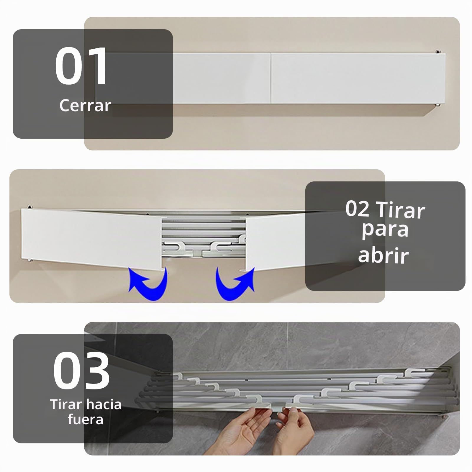 Tendedero de pared de acero al carbono y aluminio, tendedero sencillo de pared, plegable, para interior y exterior, tendedero de pared extensible para balcón (blanco con 4 ganchos)