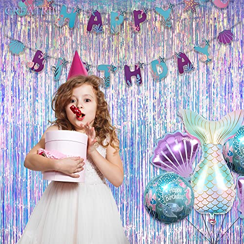 Iridescent Party Streamers Backdrop - GREATRIL Neon Transparent Holographic Tinsel Foil Fringe Curtain for Mermaid/Frozen/Sea/Euphoria/ERAS Party Theme Decorations 3.2ft x 6.5ft 2 PCS by GREATRIL - Image 2