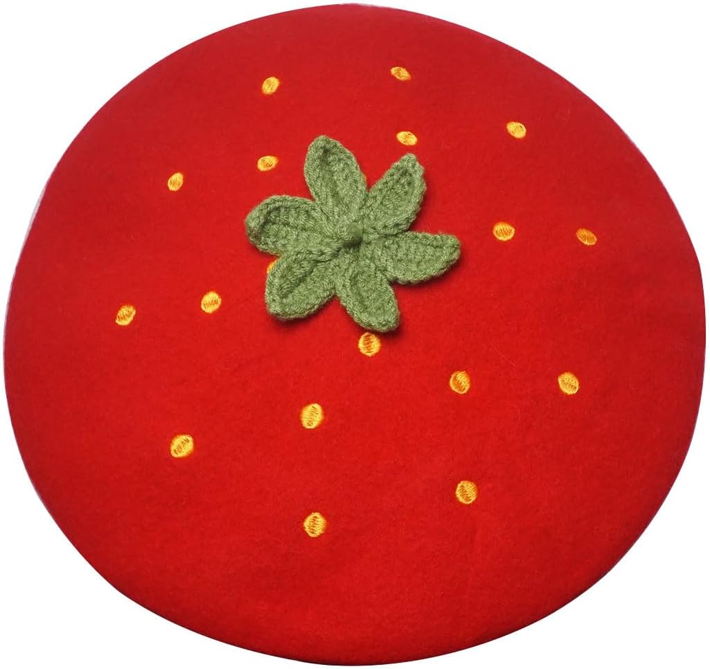 Handmade Kawaii Strawberry Beret Vintage Artist Painter Hat Women Wool Cap Warming Gift