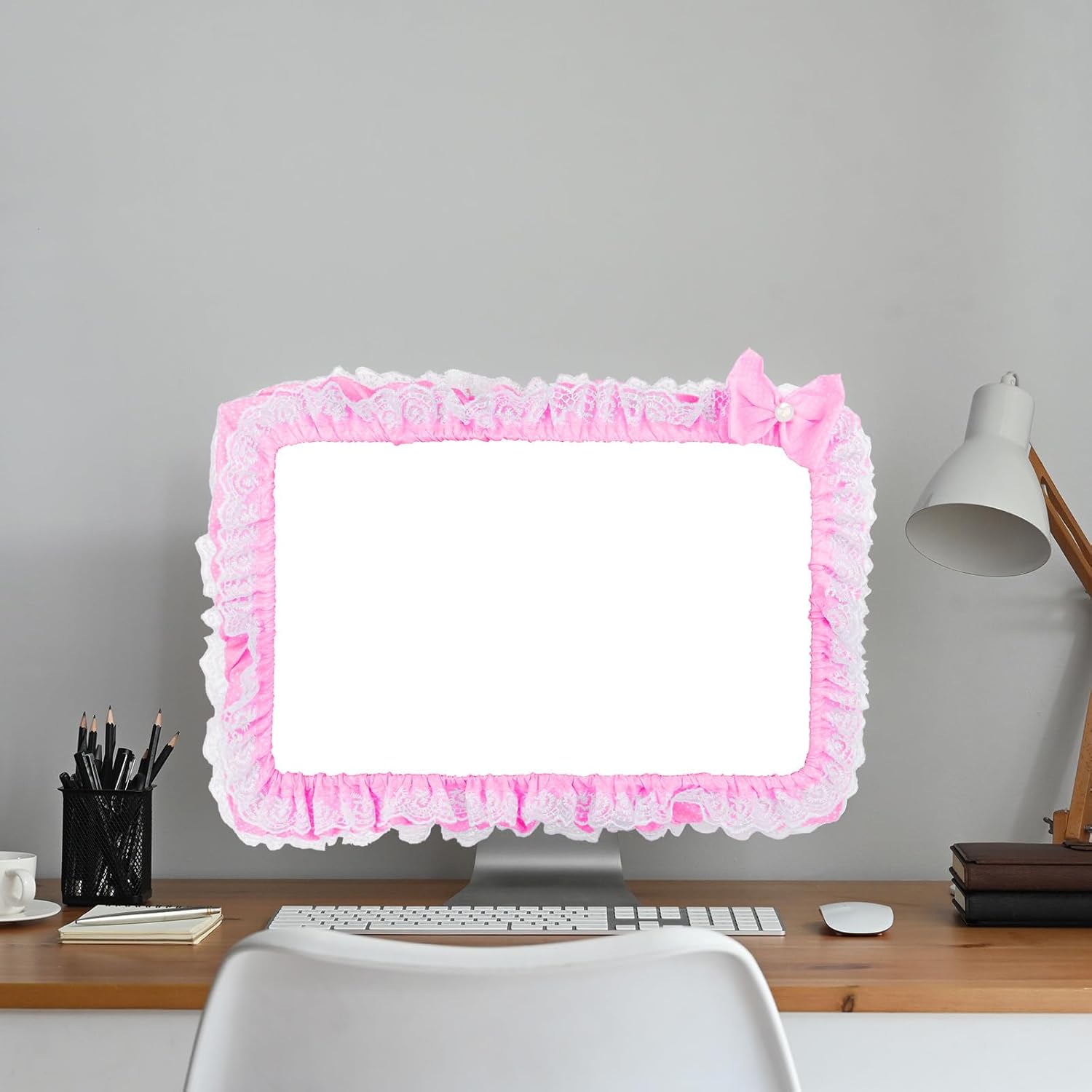 23"-27" Lovely Cute Computer Monitor Cover with Lovely Cute Elastic Pen Pocket Bow-knot TV LCD Screen Monitor Decoration Dust Cover Protector, Lace Fabric, Pink