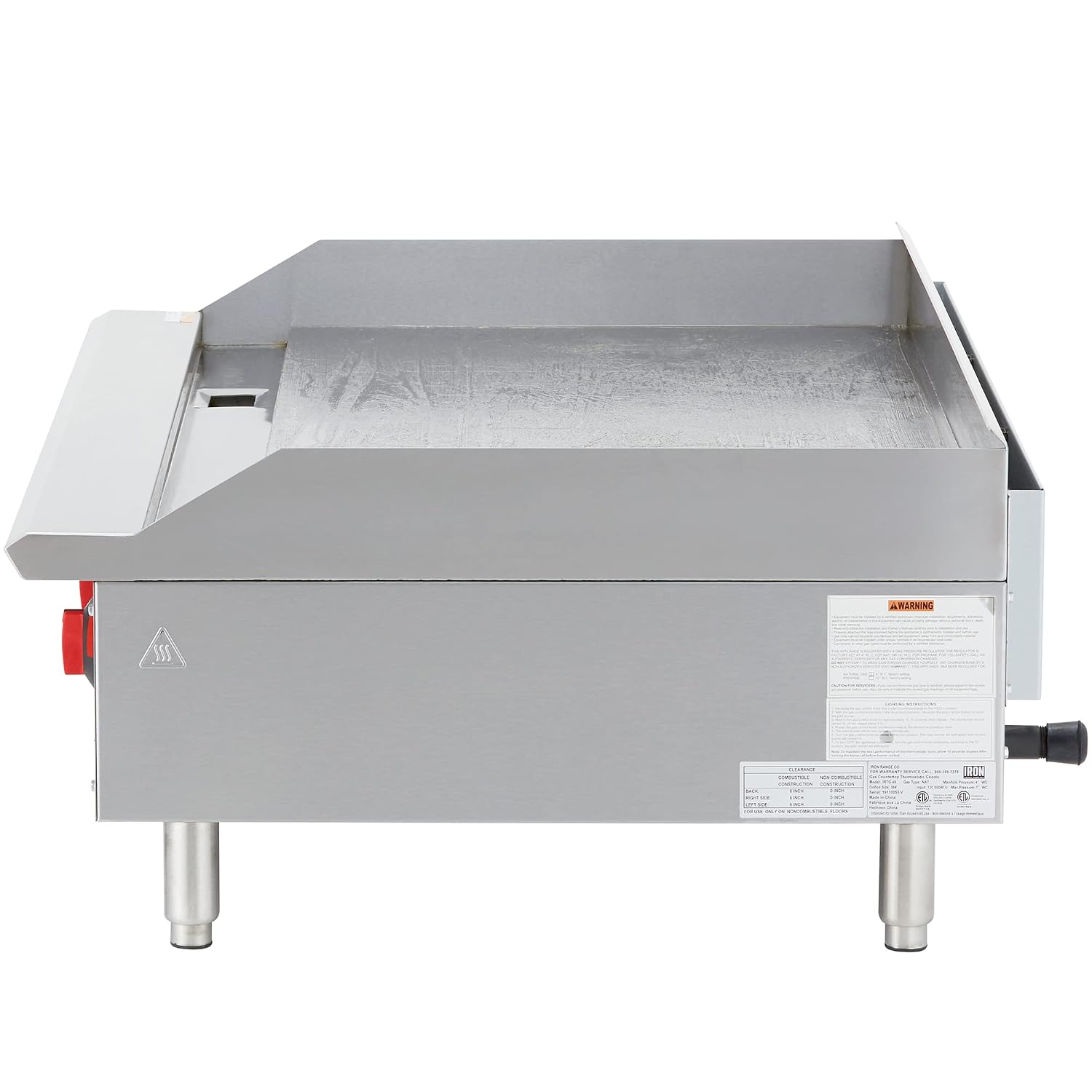 Iron Range IRMG-48 48" x 21" Countertop Commercial Gas Griddle, 120,000 BTU, 4 Burners, Stainless Steel, Manual Controls, ETL Listed, U-Style Burners, LPG Conversion Kit Included
