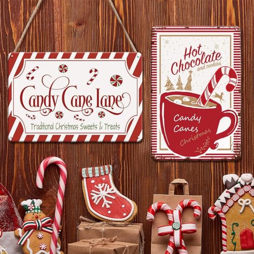 Letnspk 2 Pieces Vintage Christmas Signs - Hot Cocoa and Candy Cane Lane - 12 x 8 Inches - Tin Material - Wall Mount - 21 x 8 Inches