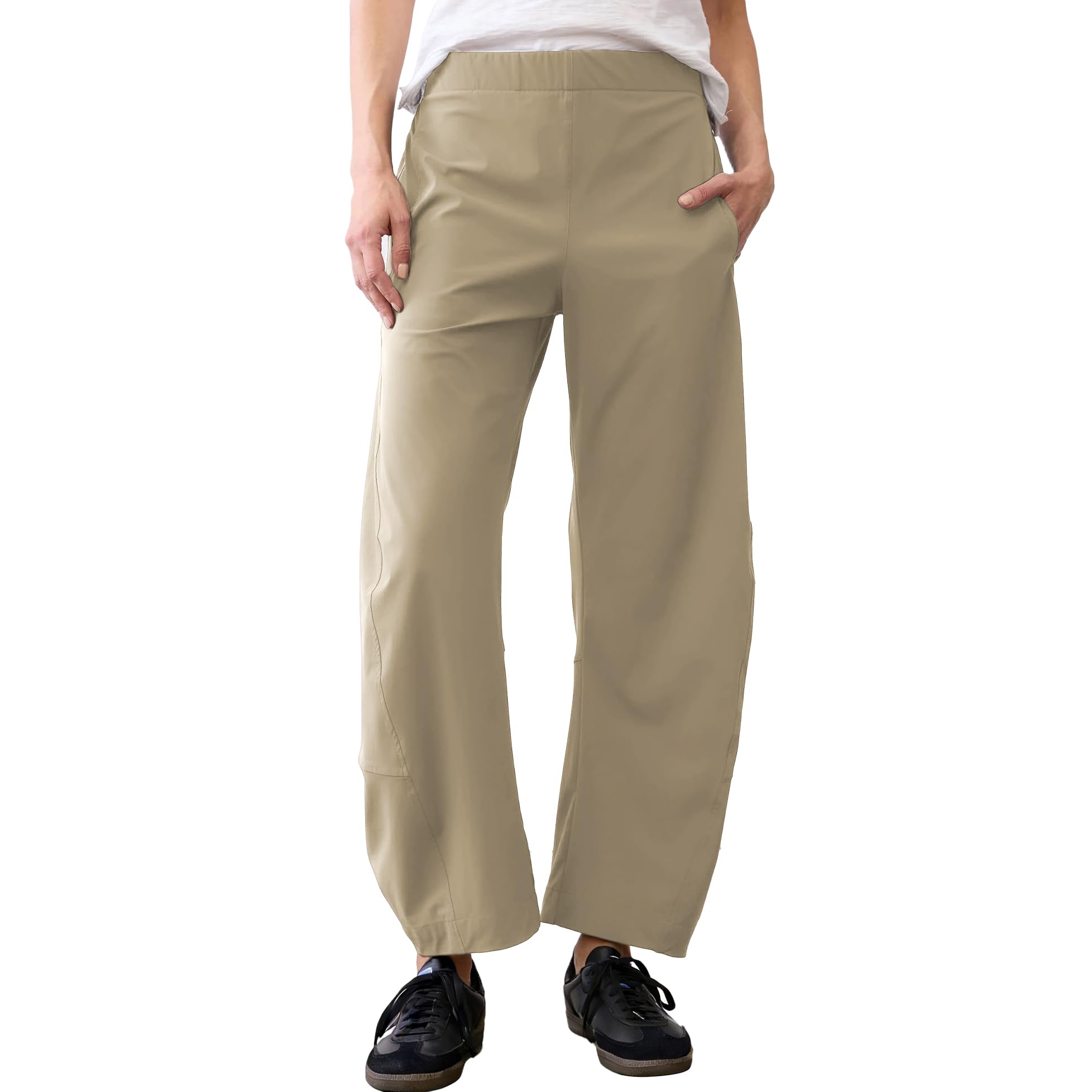 SeeLuNa Women Barrel Travel Pants Elastic Waistband Tapered Leg Baggy Mid Rise Work Trousers Lounge Pant with Pockets