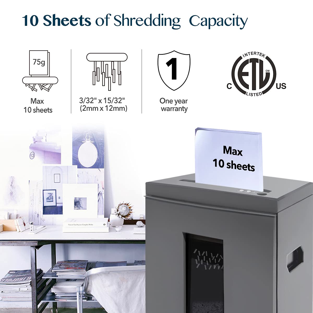 WOLVERINE 10-Sheet Super Micro Cut High Security Level P-5 Heavy Duty Paper/CD/Card Ultra Quiet Shredder for Home Office by 60 Mins Running Time and 6 Gallons Pullout Waste Bin SD9612 (Grey ETL)