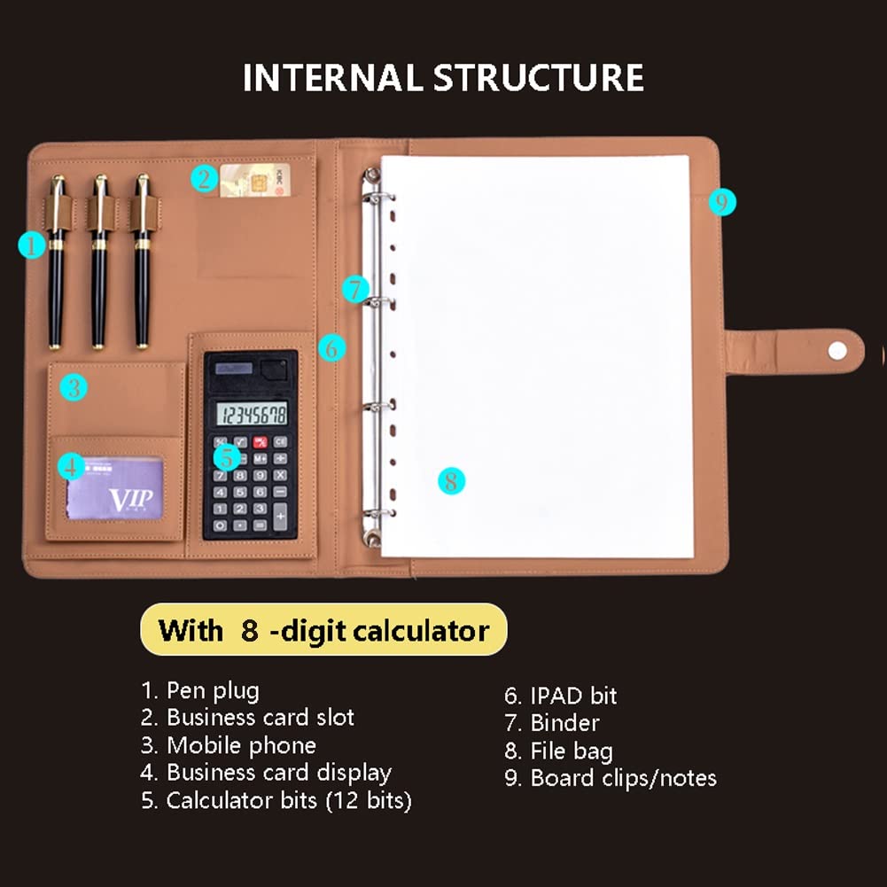 Cartella Portadocumenti A4 Con Calcolatrice Porta Documenti In Pelle PU Design Magnetico Con Spazio Di Archiviazione Organizer E Portapenne Per Appunti Conferenze(Blue-8-digit calculator)