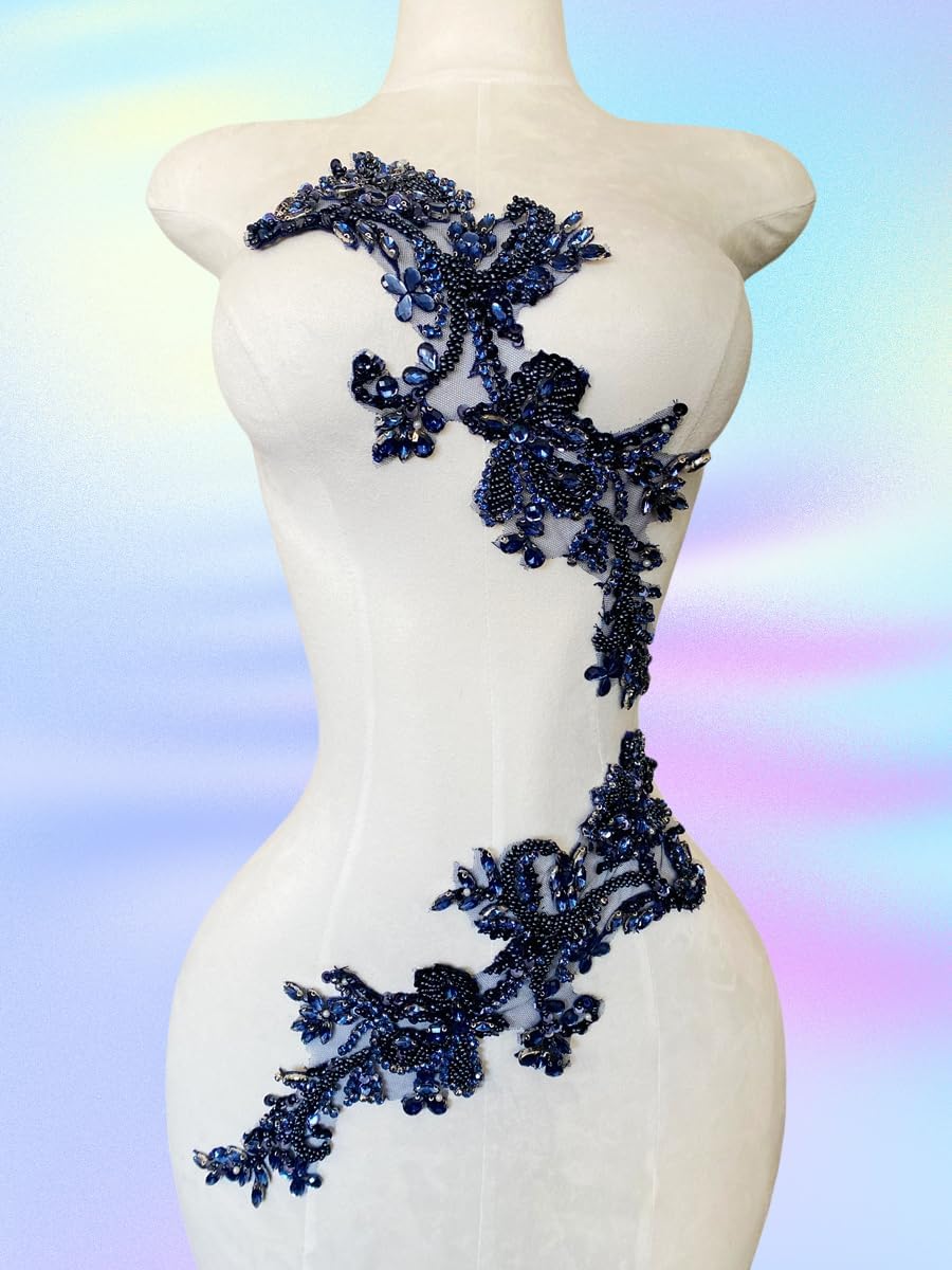 Handmade Rhinestones on Lace Applique Trim Sewing Beads Sequins Trim Patches for Wedding Dress Accessories 1Pair/Bag (Deepblue)