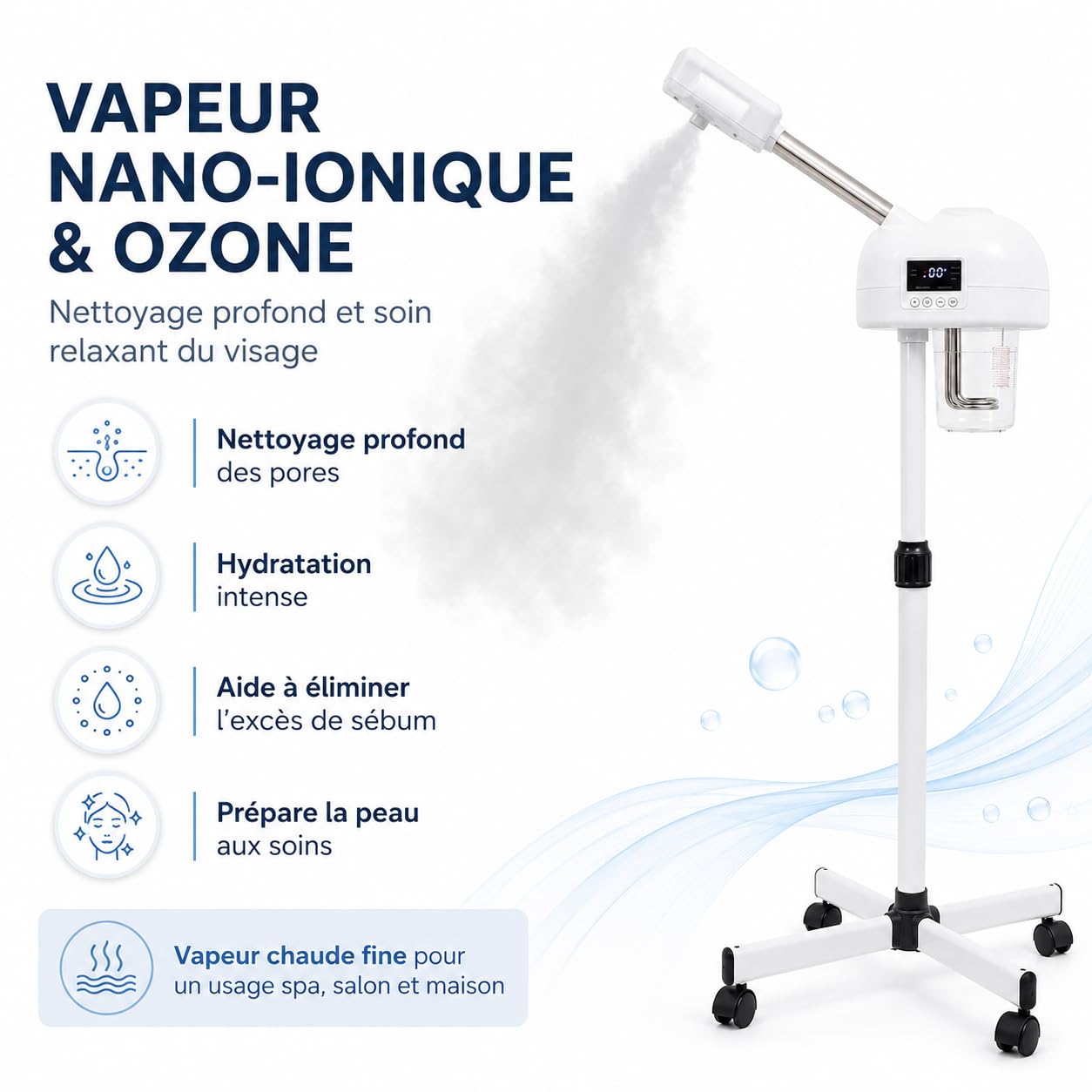 Vapozone Estetica Professionale su Piede Regolabile, Vaporizzatore Viso Ozono Caldo e Inalatore Vapore Ionico, Umidificatore Sauna Facciale per Spa, Soggiorno e Casa, Timer 20-30 Min, 750W
