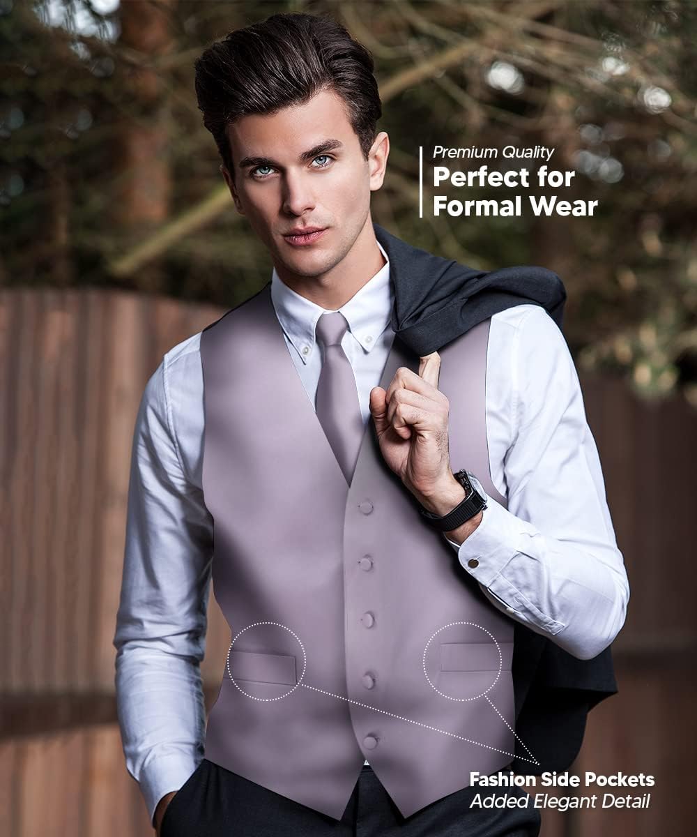 Solid Color Satin Suit Vest for Men Set of 4 - Vest, Tie, Bow Tie & Pocket Square (White Back)