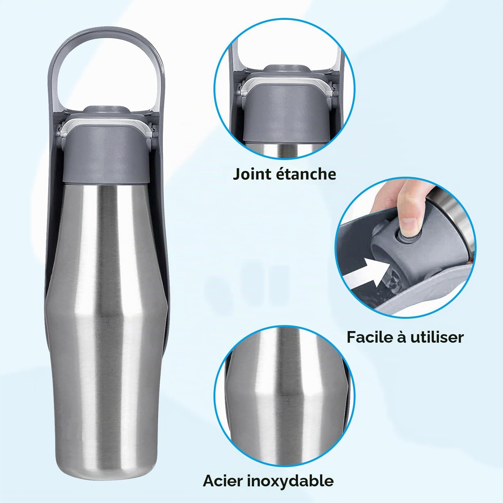 BYZESTY Gourde pour chien, 750 ml, pliable à 180°, portable, en acier inoxydable, gris, pour chien, extérieur