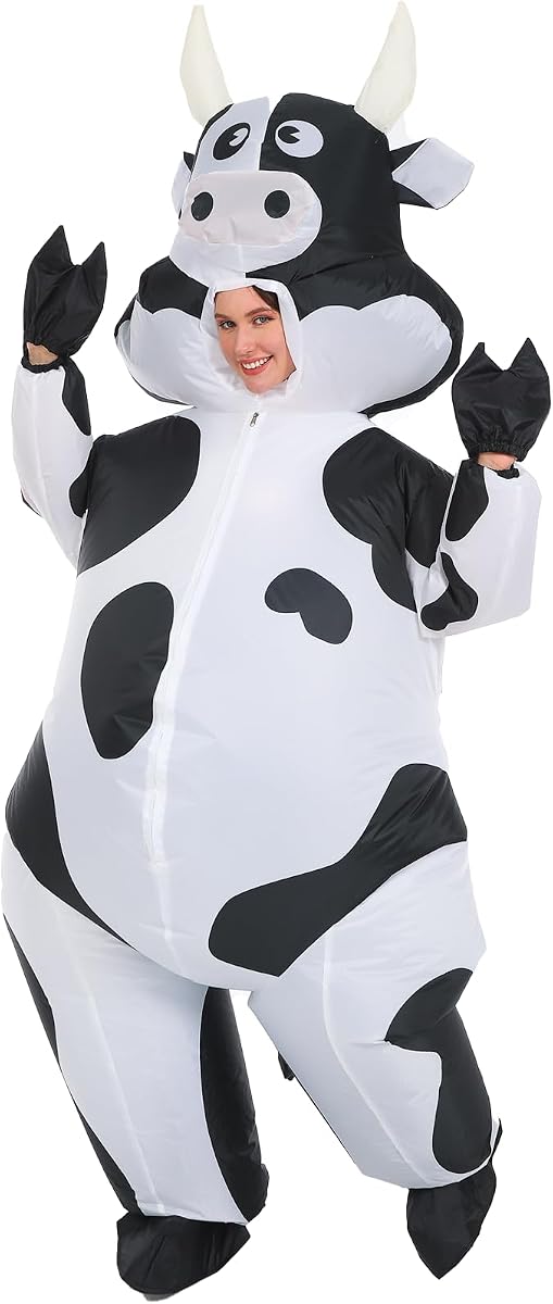 Inflatable Cow Costume, Full Body Blow Up Animal Suit for Adults, Funny Fancy Dress Outfit for Halloween Carnival Cosplay Party