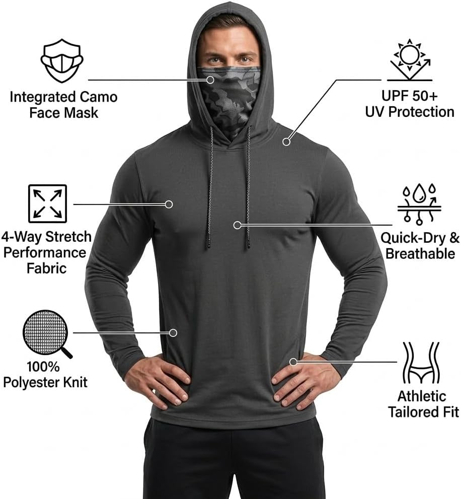 3 Pack Men's UPF 50+ Sun Protection Hoodies, Long Sleeve Moisture Wicking Shirts with Face Mask for Fishing