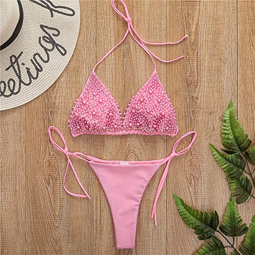 Olaimisord Women's Two Piece Pearls Sparkly Swimsuit Halter Swimwear String Triangle Bikini Sets (Medium, Pink) #TOP2