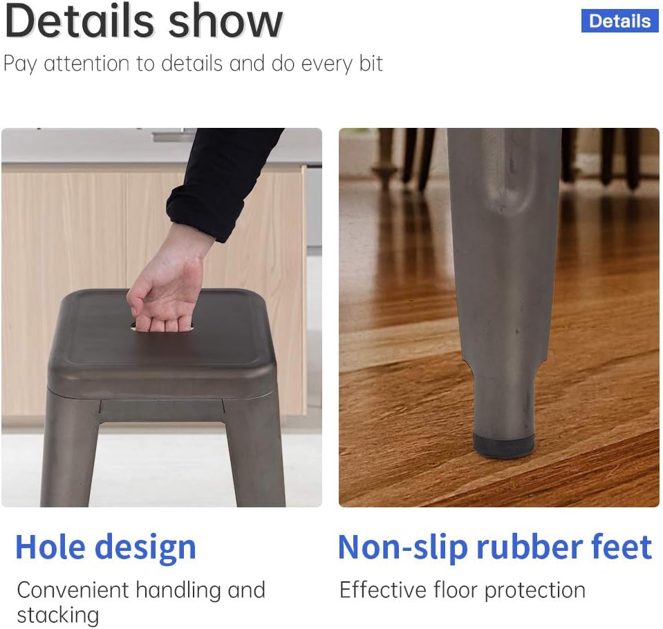 Vnewone Metal Bar Stools Set of 4 Counter Height Barstools Stackable Metal Chairs High Backless Dining Stool Bar Chair for Indoor Outdoor Patio Home Kitchen (30", Gun)