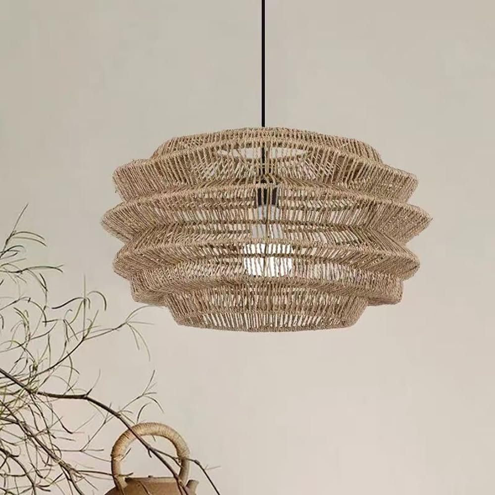 XQIDIANAA 19.7" Boho Rattan Chandelier,Handwoven Pendant Light with Adjustable Hanging Rope,Large Farmhouse Coastal Hanging Light Fixture for Dining Room,Kitchen Island,Living Room