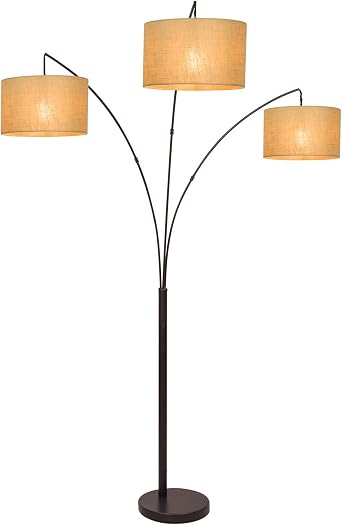 Kira Home Akira 80" Modern 3-Light Arc Floor Lamp with 3-Way Switch, Beige Burlap Drum Shades + Antique Bronze Finish