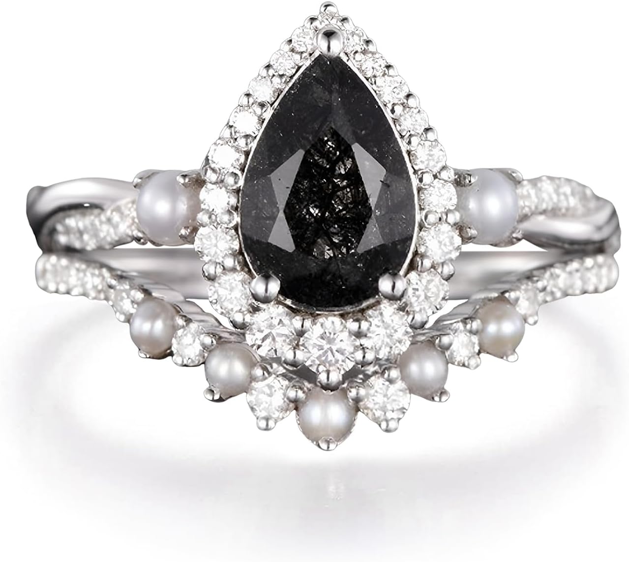 Nature Black Rutilated Quartz Wedding Ring Sets for Women 10K 14K 18K Solid Gold Gemstone Black Rutilated Quartz Art Deco Bridal Wedding Ring Set with Jewelry Gifts