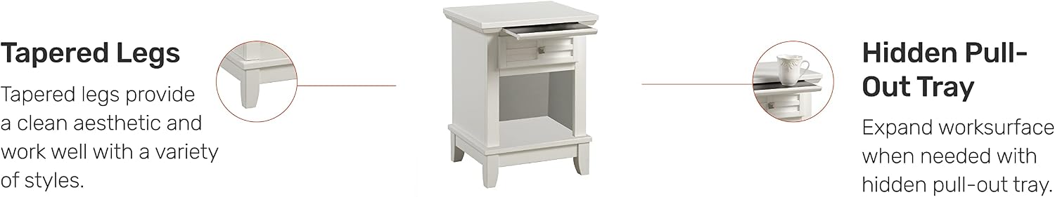 Home Styles Arts and Crafts White Nightstand with Drawer, Pull-out Tray, and a Recessed Storage