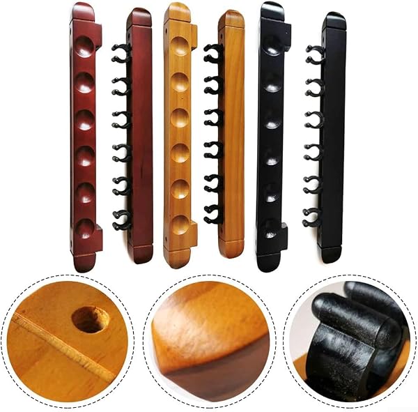 Honseadek Support mural en bois pour queues de billard, 6 emplacements à suspendre pour table de billard, accessoires de table de billard, noir (jaune) - 4
