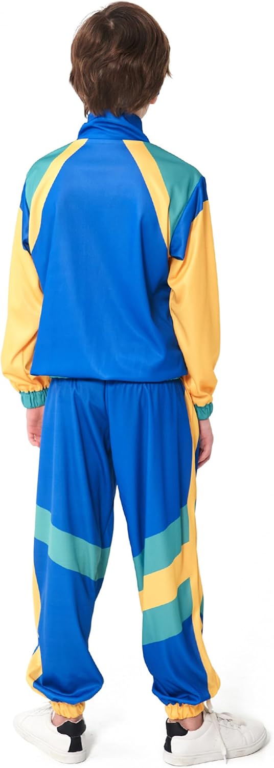 Kids 80s Retro Tracksuit Costume Outfit Jacket Pants Headband Set Vintage Dance Party Performance Wear Unisex