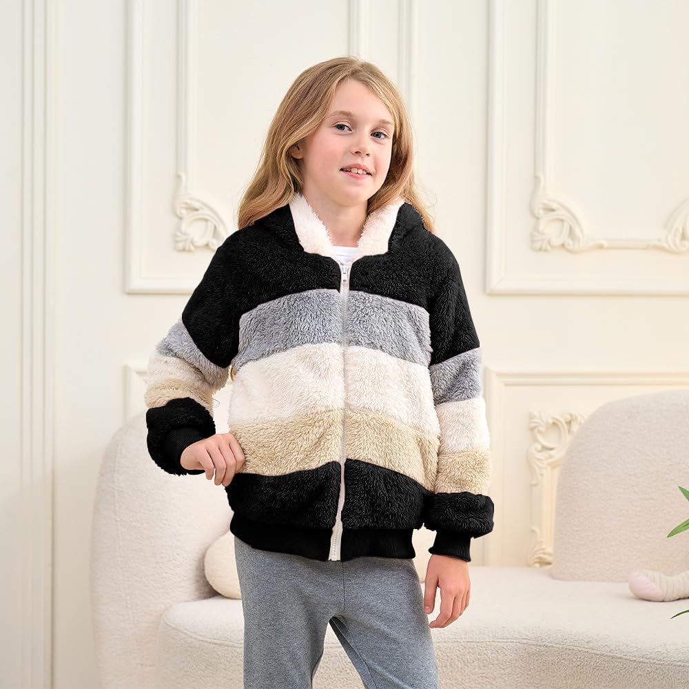 Girls Zip up Hoodie Kids Fuzzy Fleece Jacket with hood Fall Winter Contrast color Pullover Sweatshirt 4-14 Years