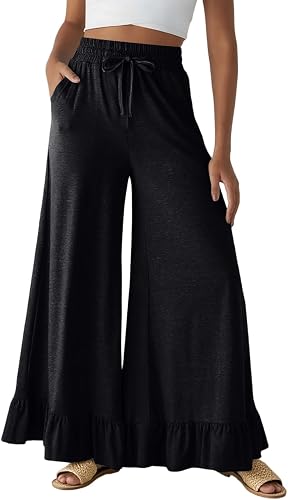 Women Wide Leg Pants Elastic Waist Ruffle Hem Palazzo Trousers Boho Style Flowly