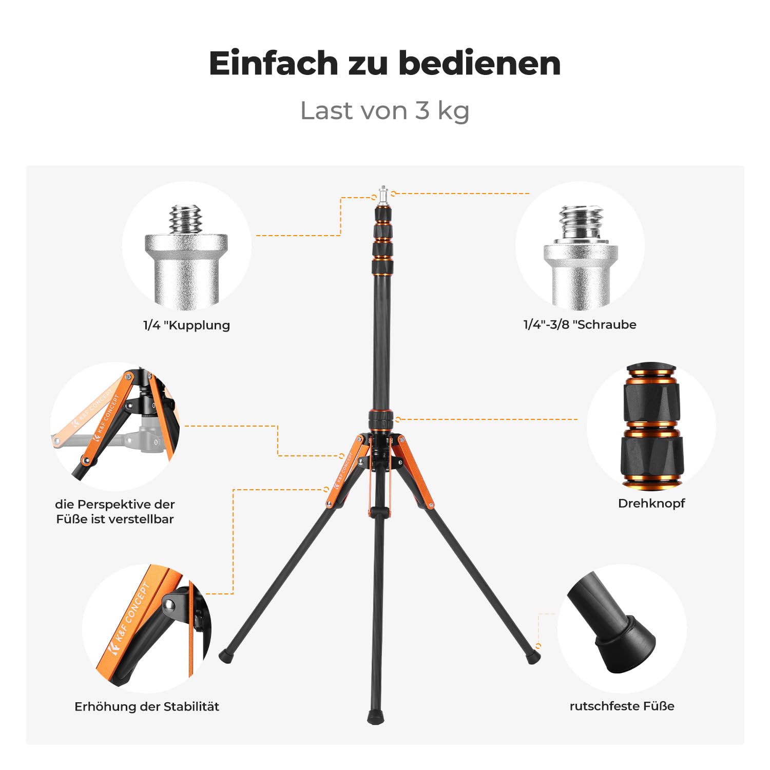 K&F CONCEPT 2M Falten Carbonfaser Fotografie Lichtstativ mit 1/4&3/8" Srew | Fotografie Leuchtständer, umkehrbar klappbar & tragbar, mit 1/4"&3/8" Schraube+Tragetasche, für Blitzlicht, Kamera, Softbox