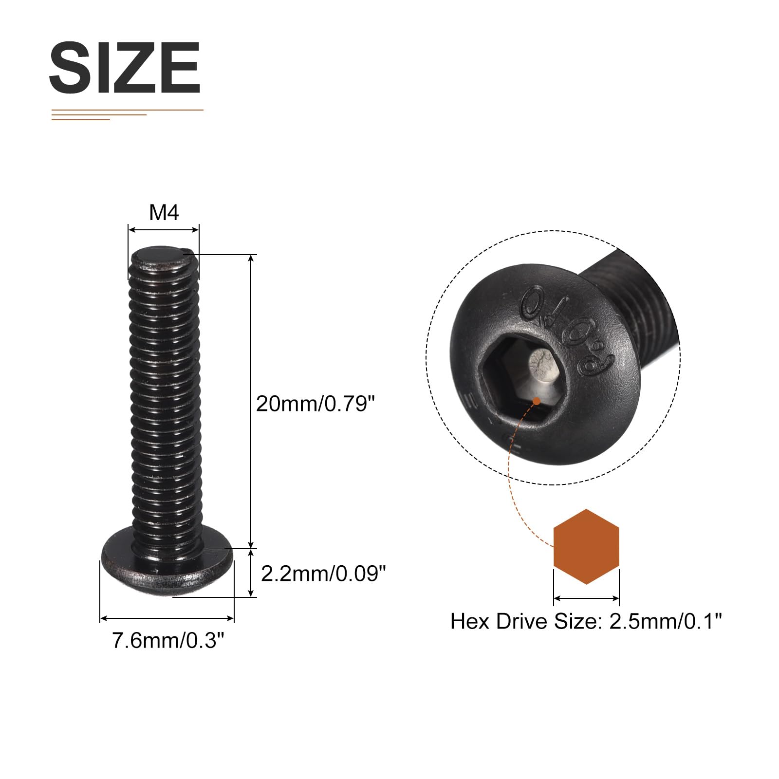 DTGN M4-0.7x20mm Button Head Socket Cap Screws - 60Pack - Good for Machine - Carbon Steel Black Oxide - Hex Drive Full Thread Fasteners - Image 2