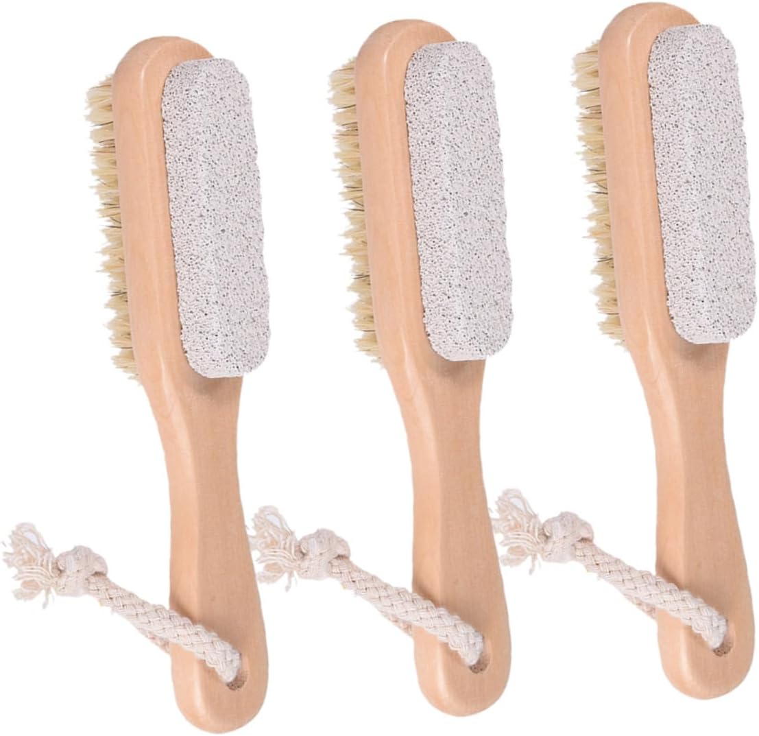 VICASKY 3pcs Double-Sided Foot Scrubber and Pumice Stone with Bristle Brush, Wooden Handle Exfoliating Tool for Dead Skin Removal and Callus Care, Foot Washer for Shower Use