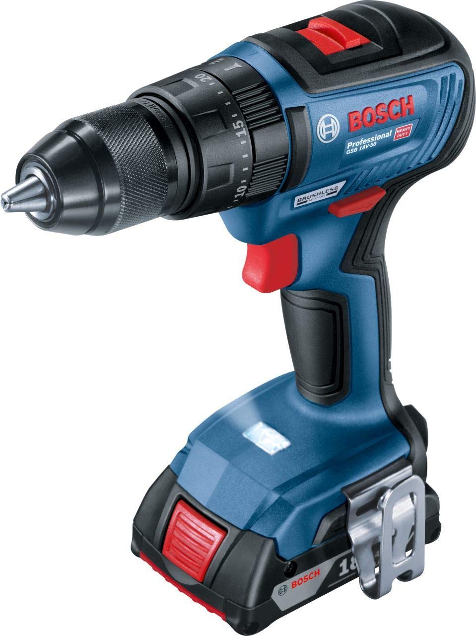 Bosch Professional system 18V: akumulatorowa wiertarko-wkrętarka udarowa GSB 18V-50 (2 akumulatory GBA 18V 2.0Ah, ładowarka GAL 18V-20, walizka L-Case)