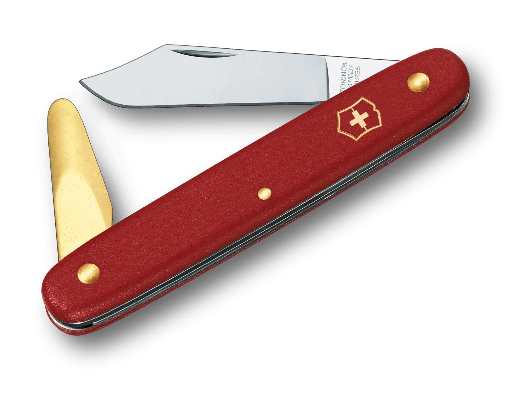 Victorinox Gartenmesser Okuliermesser für Gartenarbeiten, Rostfreie Spitze Klinge, 50 mm, Messing-Rindenlöser, Rot