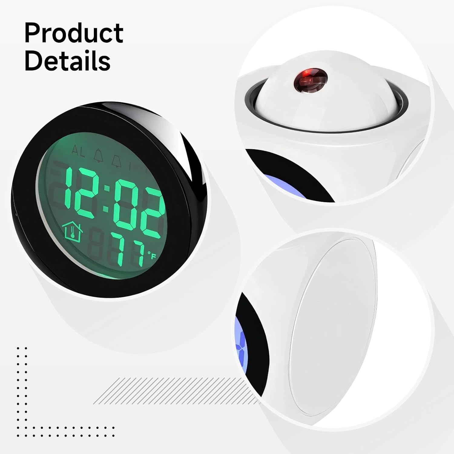 Projection Clock with Clear Red Led Time Display, USB-Powered with Voice Time Announcements, Black/White Cube