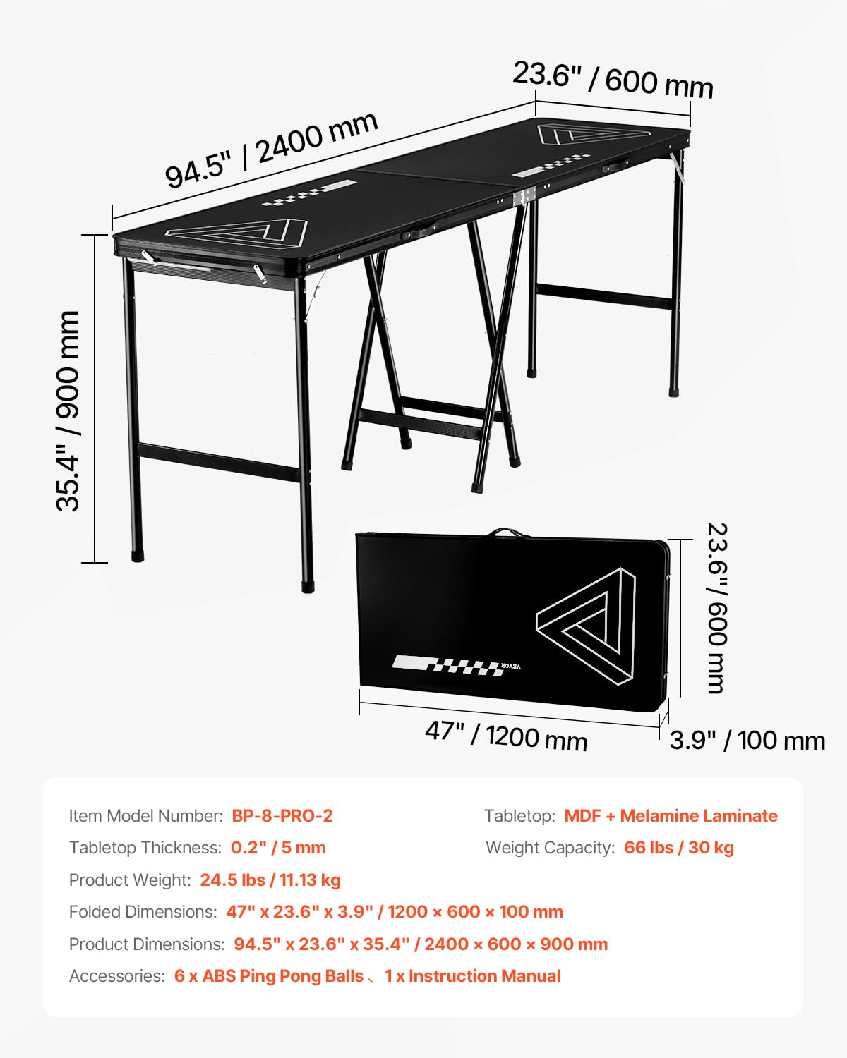 VEVOR Tavolo da Beer Pong Portatile da 2,4 m, Tavolo Pieghevole Rialzato da 91 cm Maniglie per Trasporto e 6 Palline da Pong, Leggero per Portellone Posteriore Auto per Viaggio, Campeggio, Nero