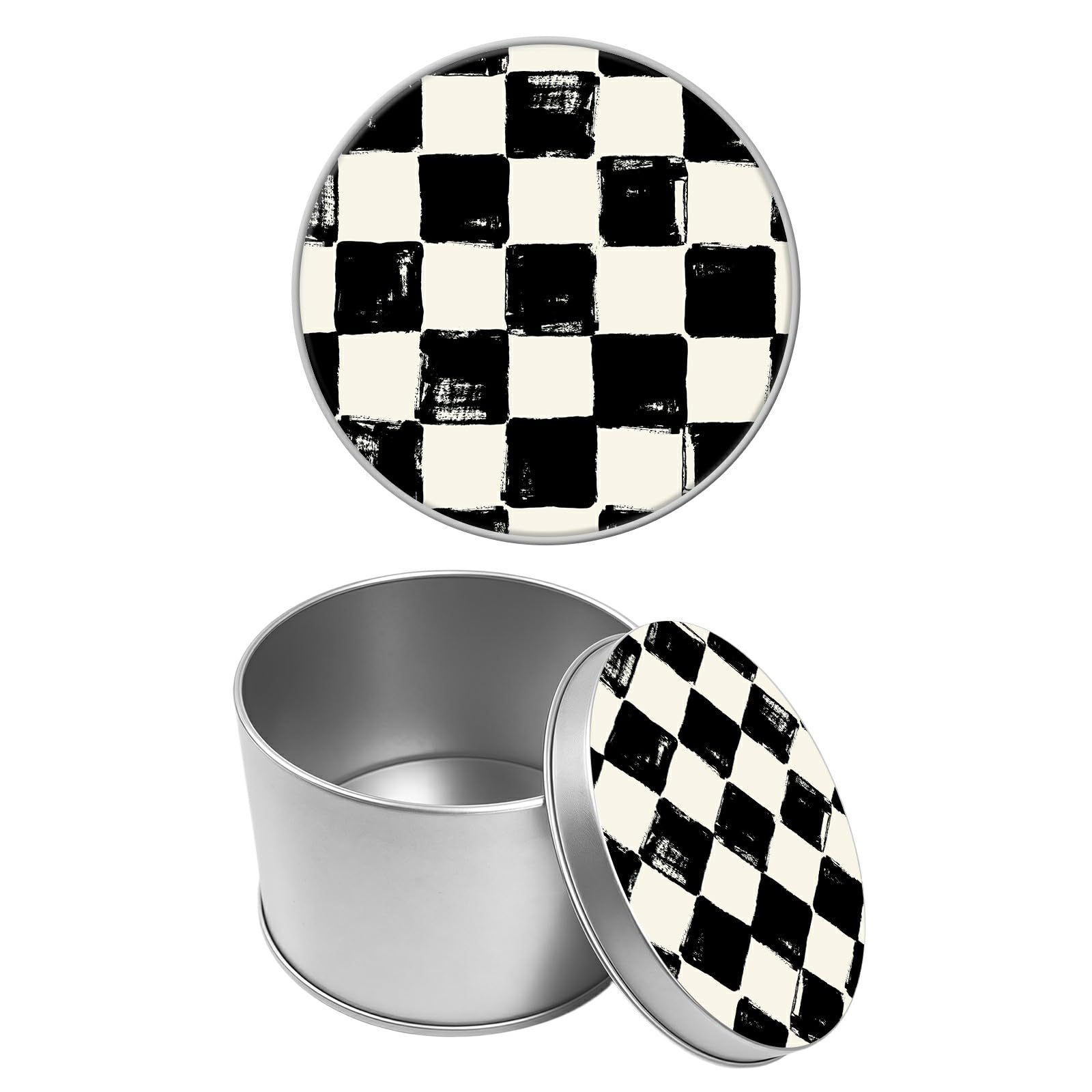 Round Metal Tin Container with Removable Lid, Black and White Checkerboard Durable Metal Storage Box for Cookies Spices Tea Candies Cakes Jewelry Cosmetics 3.54 x 2.36 inch– Single Pack