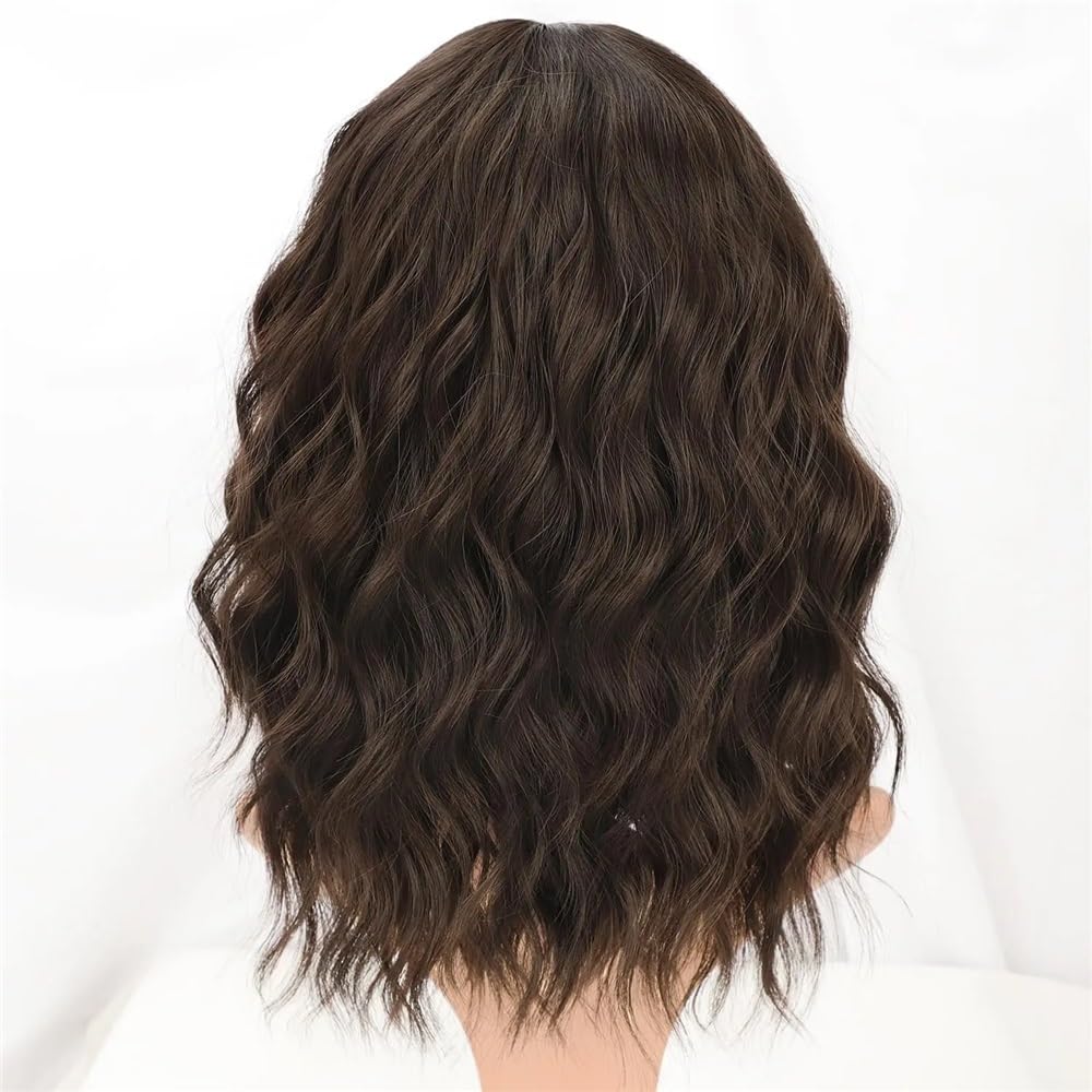 Parrucca Corta Ondulata Castana Naturale Con Frangia, Lunghezza Spalle Da Donna, Capelli Sintetici Ricci E Resistenti Al Calore, For L'uso Quotidiano Alle Feste per Donne Affascinanti