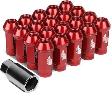 J2 Engineering 7075-T6 Aluminum M12 x 1.25 20Pcs 50mm Tall Knurled Top Lug Nut w/Adapter Red