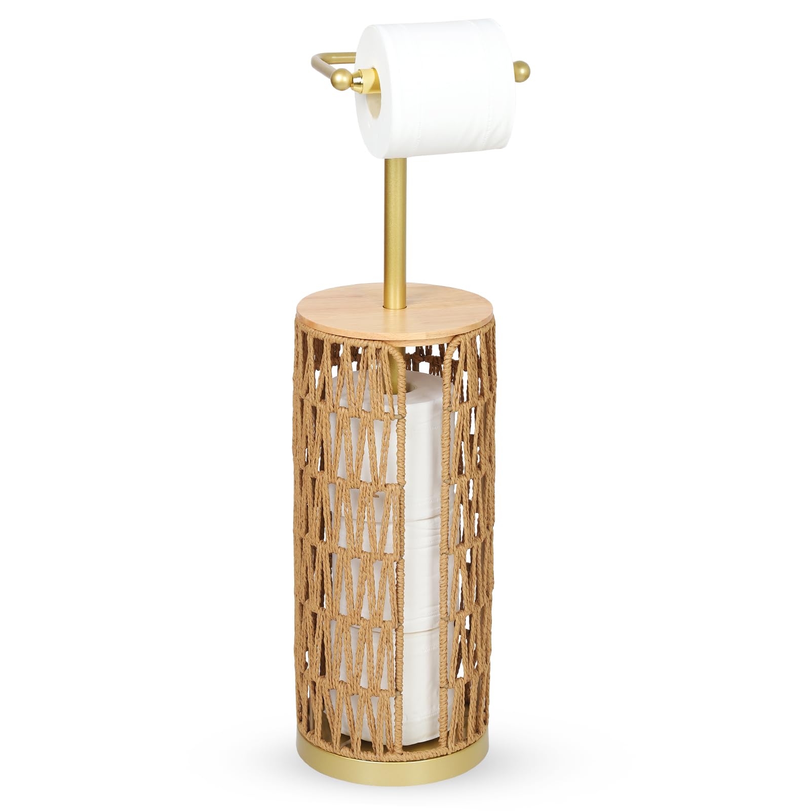 Trongee Freestanding Toilet Paper Holder with Storage,3 Rolls of Boho Toilet Paper Holder Stand with Lid,Gold Toilet Tissue Holder Stand Rattan Paper Storage Wicker Toilet Roll Holder Basket